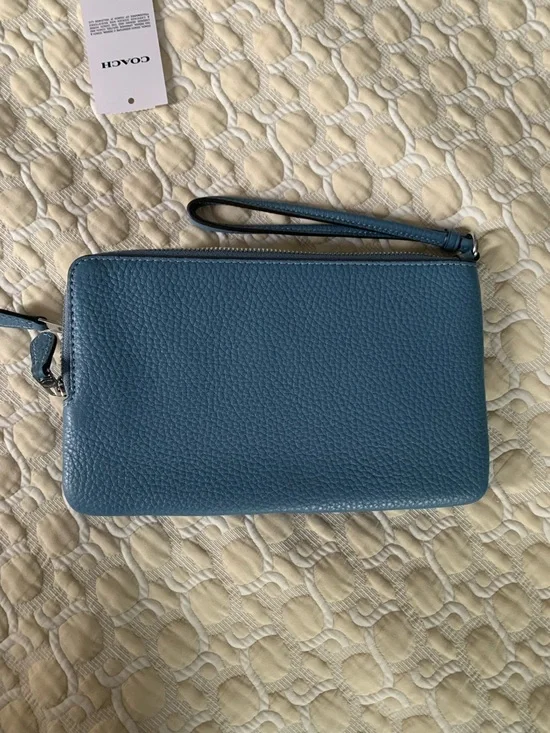Coach Pebbled Leather Zip Wallet in Dusty Blue with Silver Logo - Picture 10 of 12